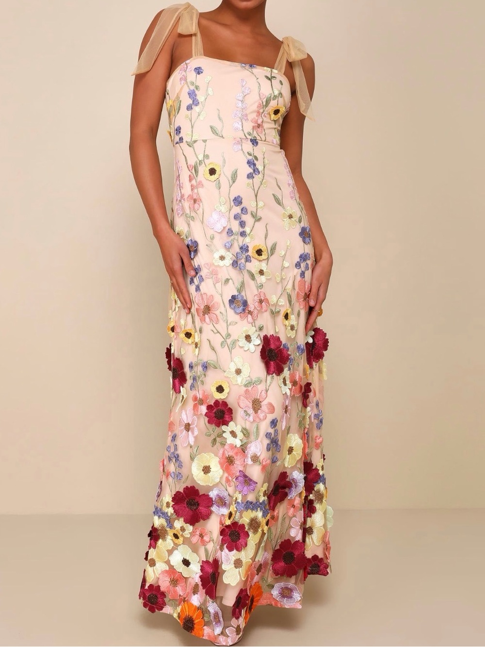 NWT - Floral Embroidered Maxi Dress with Tie Straps - Blush